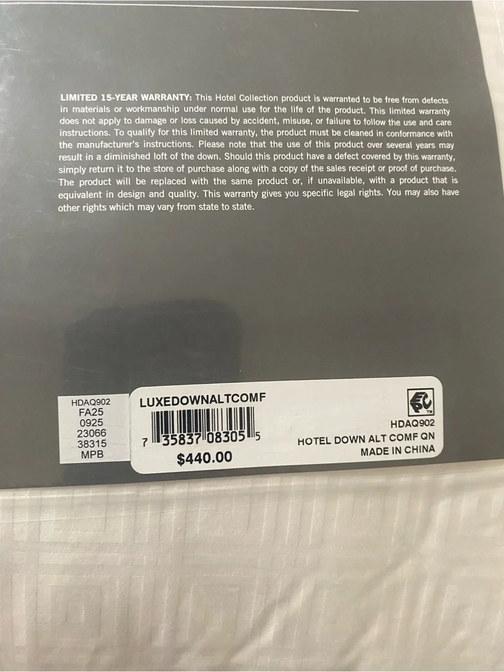 Hotel Collection FULL/QUEEN Luxe Down Alternative Comforter HI-Loft Hypoallergen